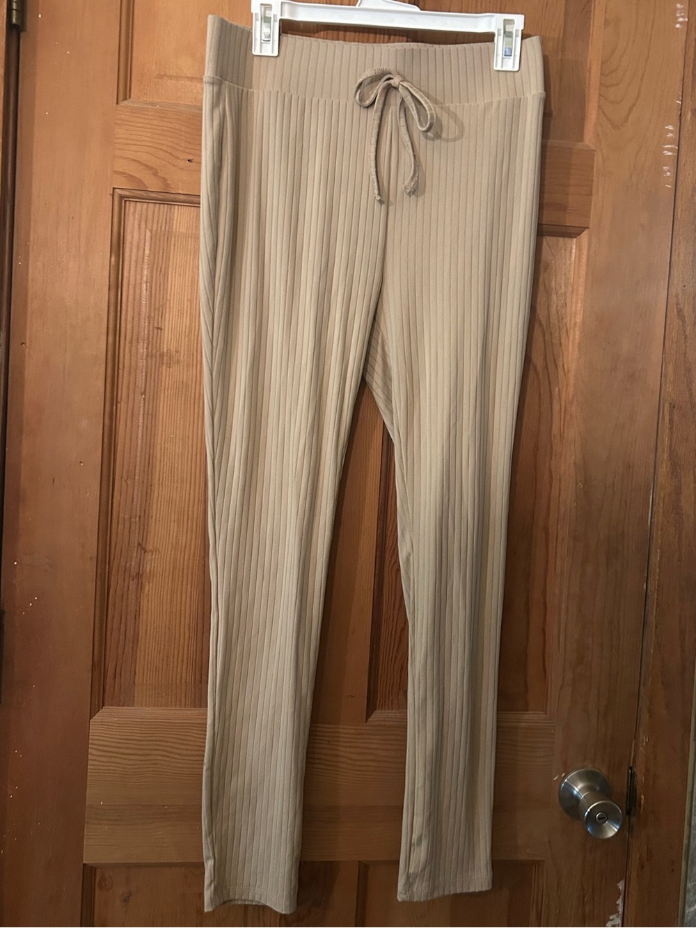 Ribbed Drawstring Leggings in Tan/Beige